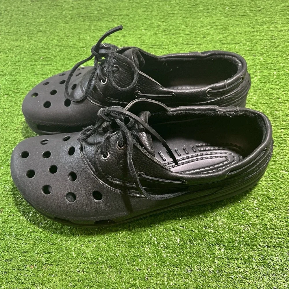 Crocs Boat Shoes Men SZ 12 Islander Pitcrew Leather Classic Clogs Black On Black